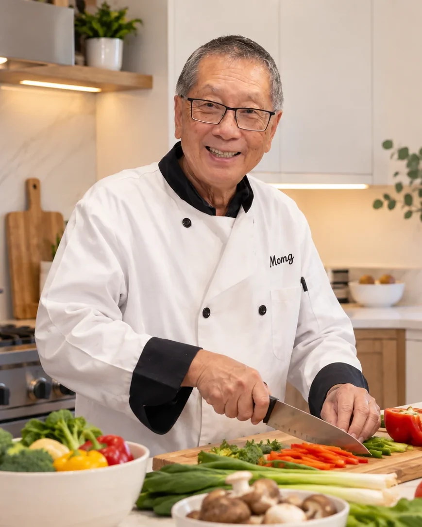 Dennis Mong preparing vegetables in his kitchen